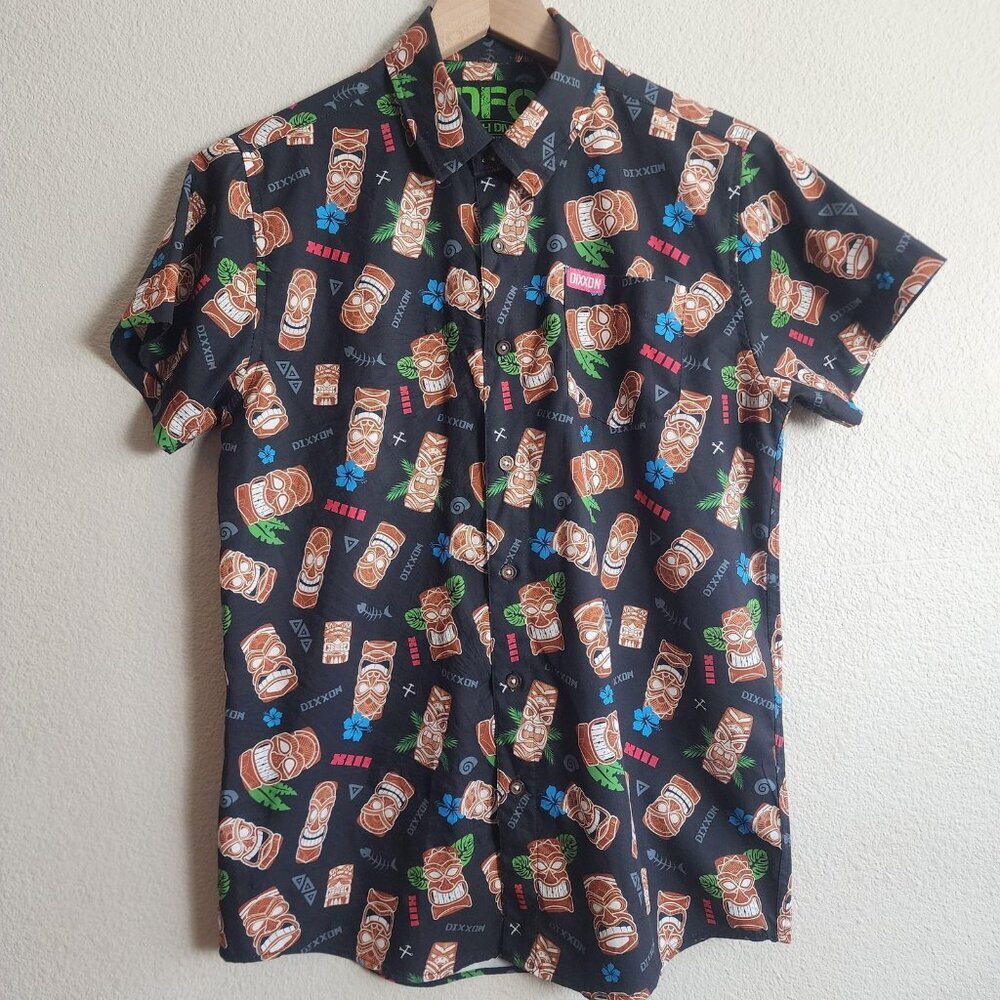 Dixxon Shirt Youth XL Black Tiki Hawaiian Button Up Short Sleeve D-Tech DFC